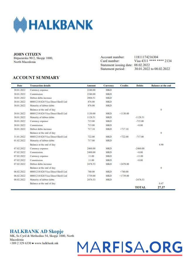 Downloadable Macedonia Halkbank bank statement word example